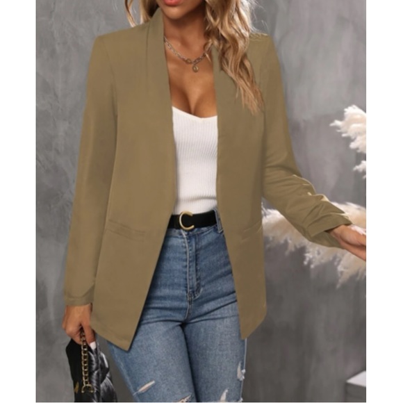 Classic khaki business casual open front blazer - Picture 2 of 16